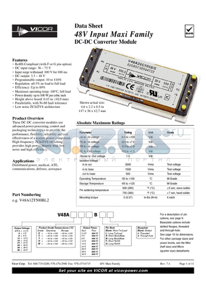 V48A12C500BS2 datasheet - 48V Input Maxi Family DC-DC Converter Module