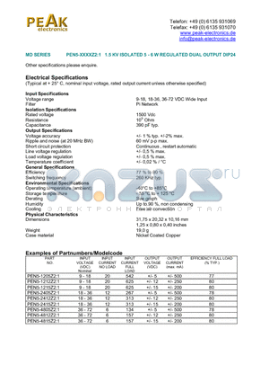 PEN5-4805Z21 datasheet - PEN5-XXXXZ2:1 1.5 KV ISOLATED 5 - 6 W REGULATED DUAL OUTPUT DIP24