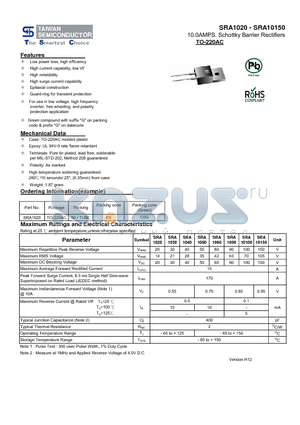 SRA10150 datasheet - 10.0AMPS. Schottky Barrier Rectifiers High surge current capability