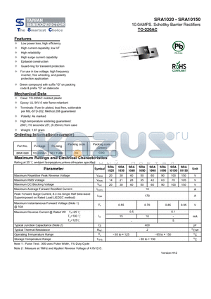 SRA1020_13 datasheet - 10.0AMPS. Schottky Barrier Rectifiers High surge current capability