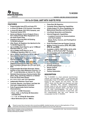 TL16C2550IRHBG4 datasheet - 1.8-V to 5-V DUAL UART WITH 16-BYTE FIFOS