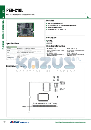PER-C10L datasheet - Mini PCI Module With One Ethernet Port