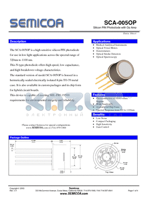 SCA-005OP datasheet - Silicon PIN Photodiode with Op Amp
