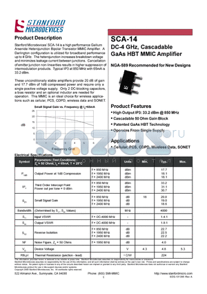 SCA-14 datasheet - DC-4 GHz, Cascadable GaAs HBT MMIC Amplifier