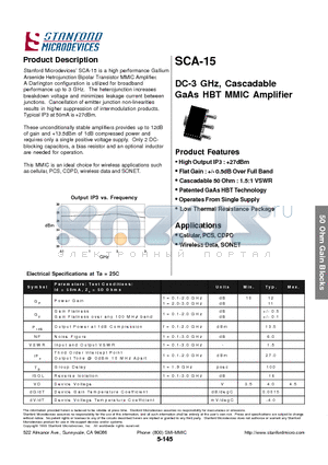 SCA-15 datasheet - DC-3 GHz, Cascadable GaAs HBT MMIC Amplifier