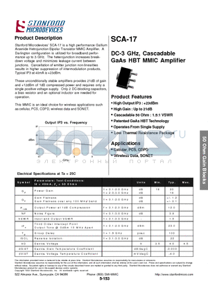 SCA-17 datasheet - DC-3 GHz, Cascadable GaAs HBT MMIC Amplifier