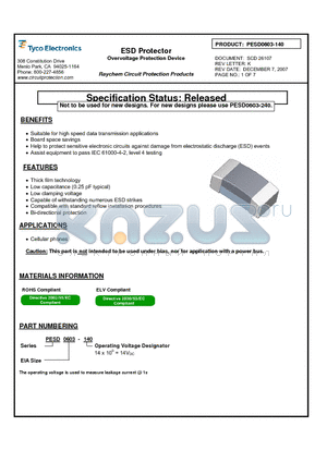 PESD0603-140 datasheet - ESD Protector Overvoltage Protection Device