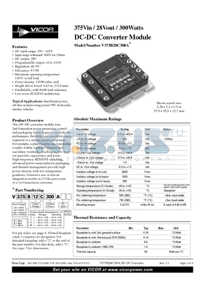 V48A12M300A datasheet - 375Vin / 28Vout / 300Watts DC-DC Converter Module