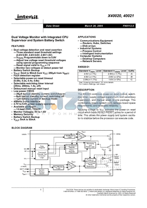 X40020V14-C datasheet - Dual Voltage Monitor with Intergrated CPU Supervisor and System Battery Switch