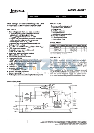 X40020V14-C datasheet - Dual Voltage Monitor with Integrated CPU Supervisor and System Battery Switch