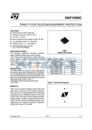 SMP100MC-140 datasheet - TRISIL FOR TELECOM EQUIPMENT PROTECTION