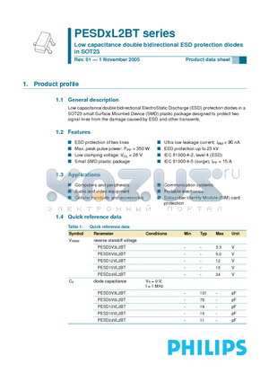 PESD15VL2BT datasheet - Low capacitance double bidirectional ESD protection diodes in SOT23