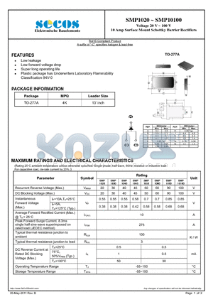 SMP1020 datasheet - 10 Amp Surface Mount Schottky Barrier Rectifiers