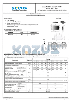 SMP1045 datasheet - 10 Amp Surface Mount Schottky Barrier Rectifiers