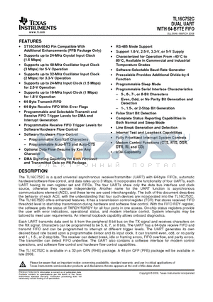 TL16C752CIRHBR datasheet - DUAL UART WITH 64-BYTE FIFO