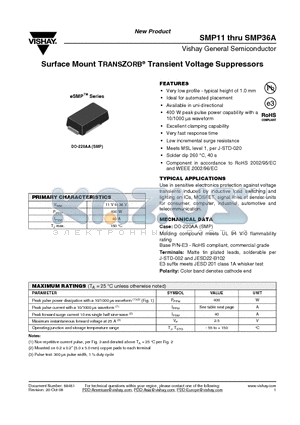 SMP11A-E3/85A datasheet - Surface Mount TRANSZORB^ Transient Voltage Suppressors