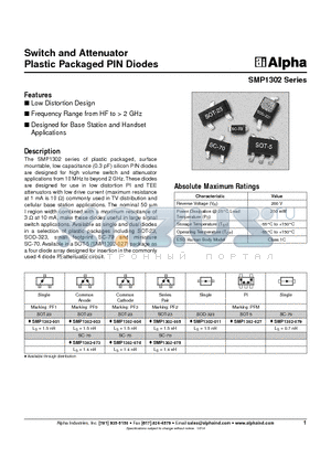 SMP1302 datasheet - Switch and Attenuator Plastic Packaged PIN Diodes