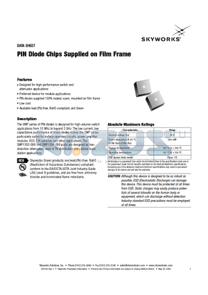 SMP1302-099 datasheet - PIN Diode Chips Supplied on Film Frame