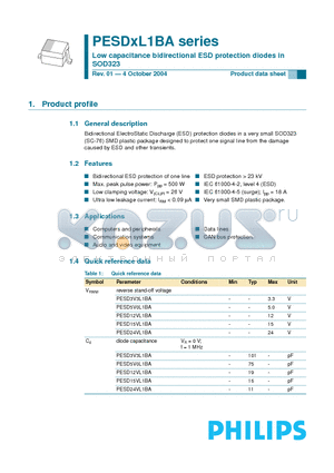 PESD3V3L1BA datasheet - Low capacitance bidirectional ESD protection diodes in