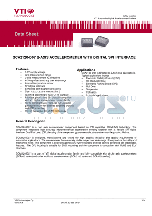 SCA3100-D07 datasheet - 3-AXIS HIGH PERFORMANCE ACCELEROMETER WITH DIGITAL SPI INTERFACE
