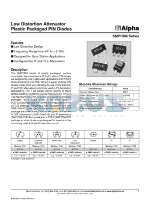 SMP1304-027 datasheet - Low Distortion Attenuator Plastic Packaged PIN Diodes