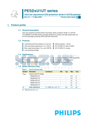 PESD3V3U1UT datasheet - Ultra low capacitance ESD protection diode in SOT23 package