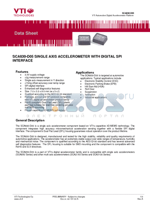 SCA830-D05 datasheet - SINGLE AXIS ACCELEROMETER WITH DIGITAL SPI INTERFACE