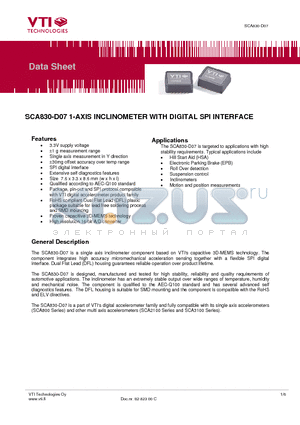 SCA830-D07 datasheet - 1-AXIS INCLINOMETER WITH DIGITAL SPI INTERFACE
