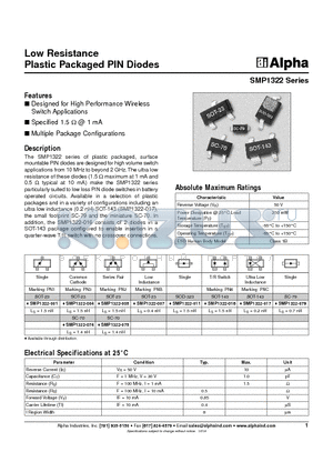 SMP1322-017 datasheet - Low Resistance Plastic Packaged PIN Diodes