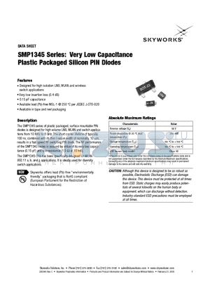 SMP1345-518 datasheet - Very Low Capacitance Plastic Packaged Silicon PIN Diodes