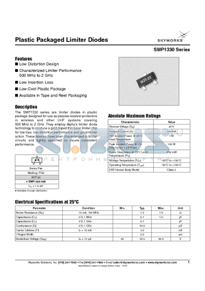 SMP1330 datasheet - Plastic Packaged Limiter Diodes
