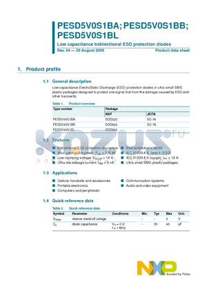 PESD5V0S1BB datasheet - Low capacitance bidirectional ESD protection diodes