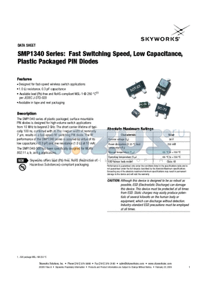 SMP1340 datasheet - Fast Switching Speed, Low Capacitance, Plastic Packaged PIN Diodes