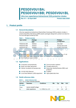 PESD5V0U1BB datasheet - Ultra low capacitance bidirectional ESD protection diodes