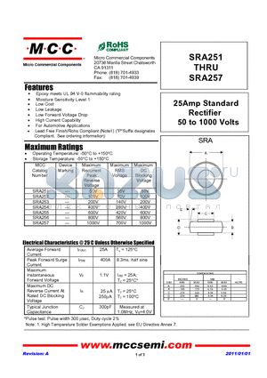 SRA255 datasheet - 25Amp Standard Rectifier 50 to 1000 Volts