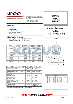 SRA502 datasheet - 50Amp Recover Rectifier 50 to 1000 Volts