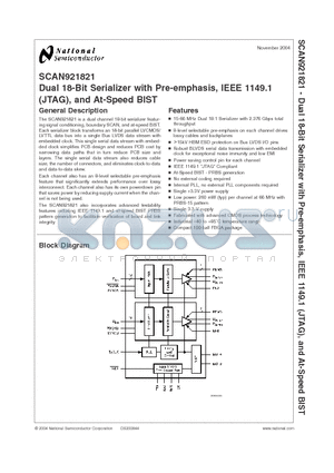 SCAN921821 datasheet - Dual 18-Bit Serializer with Pre-emphasis, IEEE 1149.1(JTAG), and At-Speed BIST