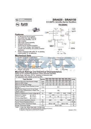 SRA8150 datasheet - 8.0 AMPS. Schottky Barrier Rectifiers