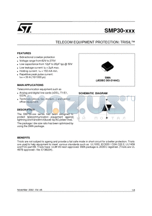 SMP30-68 datasheet - TELECOM EQUIPMENT PROTECTION: TRISIL