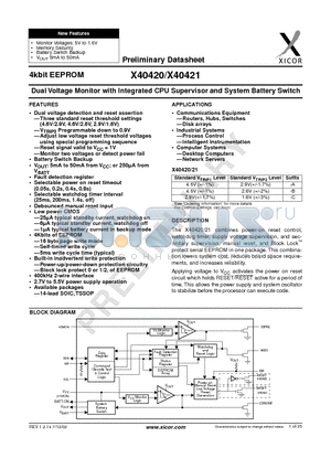 X40421 datasheet - Dual Voltage Monitor with Integrated CPU Supervisor and System Battery Switch