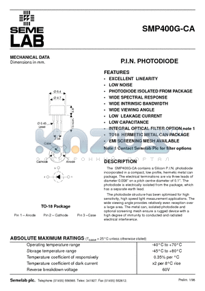 SMP400G-CA datasheet - P.I.N. PHOTODIODE
