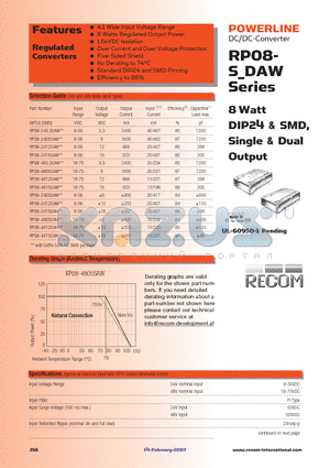 RP08-243.3SAWSMD datasheet - 8 Watt DIP24 & SMD, Single & Dual Output