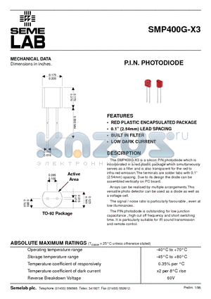 SMP400G-X3 datasheet - P.I.N. PHOTODIODE