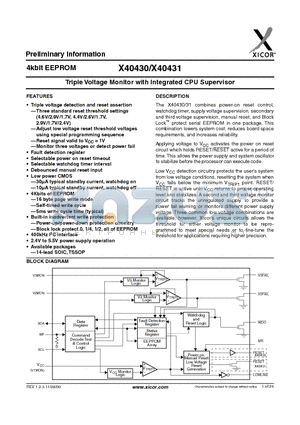X40430V14-C datasheet - 4kbit EEPROM, Triple Voltage Monitor with Integrated CPU Supervisor