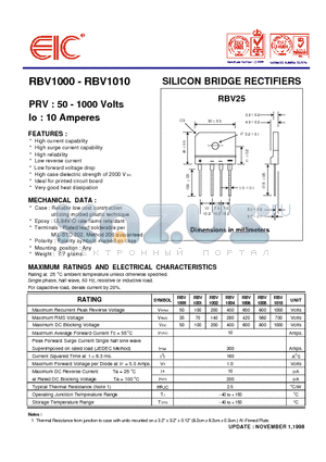 RBV1000 datasheet - SILICON BRIDGE RECTIFIERS