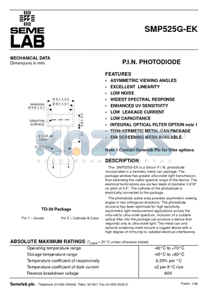 SMP525G-EK datasheet - P.I.N. PHOTODIODE