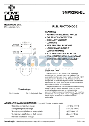 SMP525G-EL datasheet - P.I.N. PHOTODIODE