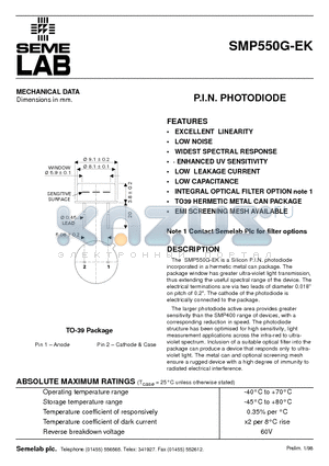 SMP550G-EK datasheet - P.I.N. PHOTODIODE