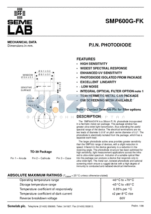 SMP600G-FK datasheet - P.I.N. PHOTODIODE