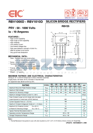 RBV1010D datasheet - SILICON BRIDGE RECTIFIERS